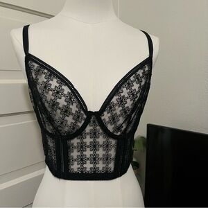 Huit Black Floral Lace Mesh Underwire Bra Corset 7 Hook Closure NWT 34D